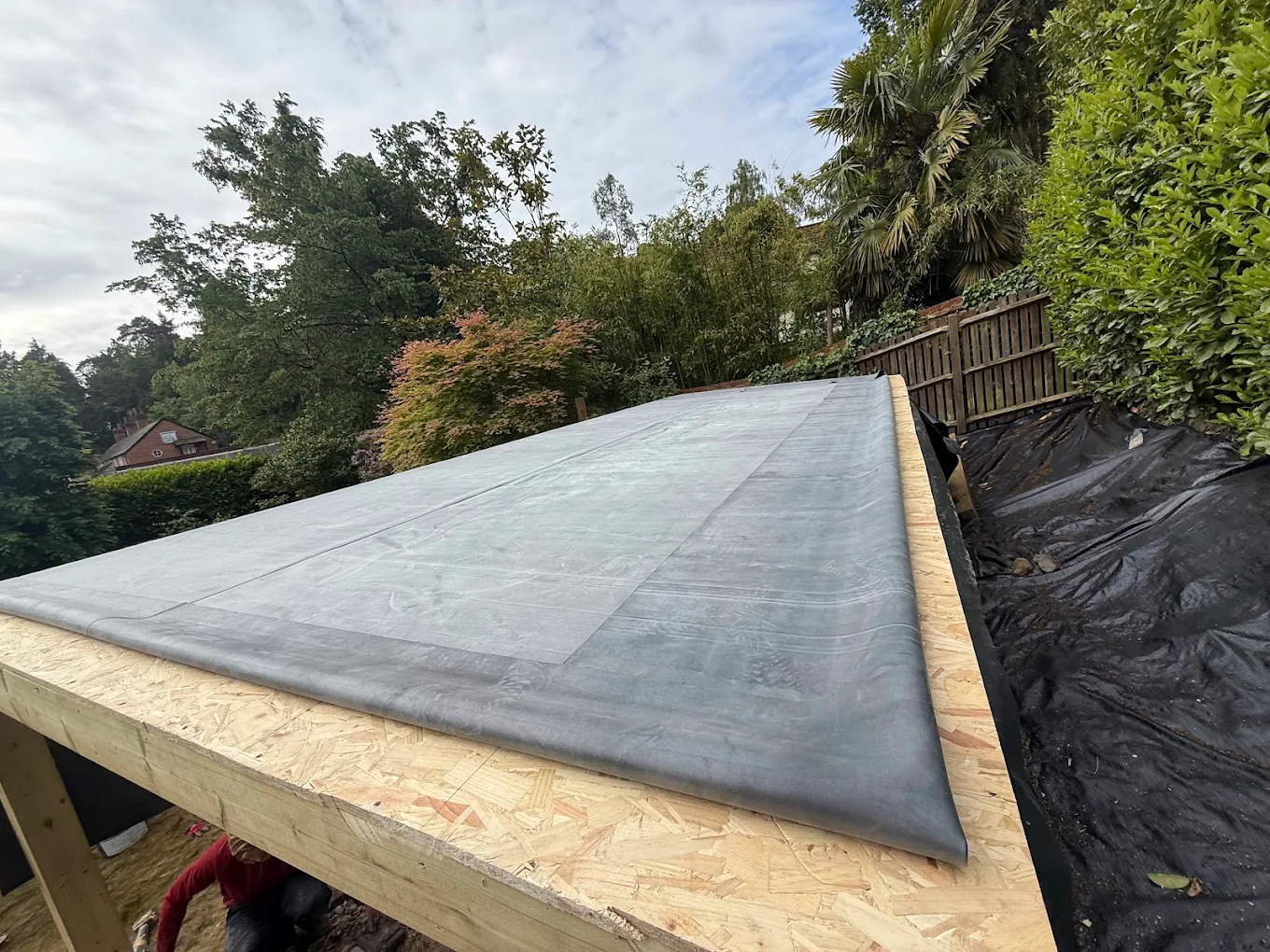 EPDM rubber membrane dressed over the edge of a new flat roof deck